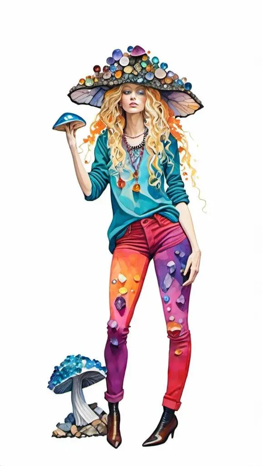 Prompt: <mymodel>Woman with long blond curly hair and mushrooms made of precious gemstones, fungal clothes encrusted with sparkling crystals, high-quality, magical realism, vibrant colors, detailed facial features, natural lighting