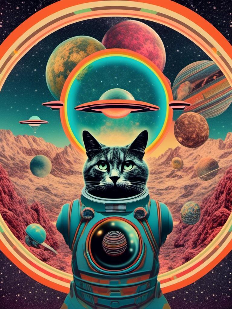 Prompt: a psychedelic collage with a vintage 70s sci-fi animation feel to it except the subject matter will be CATS IN SPACE! The collage will have elements of photography, illustration, trippy patterns and optical illusions, alien landscapes, strange trippy planets, UFOs,, meteors, all cut and spliced together in a psychedelic collage style <mymodel>