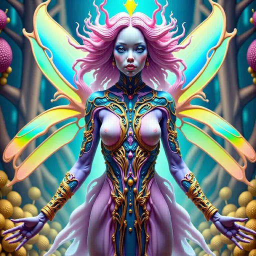 Prompt: A surreal, vibrant portrayal of a half-woman, half-moth celestial being. The figure is a caucasian slim woman with long, wild, pink, very curly hair cascading like a glowing waterfall of magenta and rose gold. Her piercing blue eyes shine with an electric intensity, exuding wisdom and mystery. Her upper body is human, adorned with a bodice that seems to grow organically from her skin, resembling soft moth fur with fractal-like patterns in radiant hues of turquoise, gold, fuchsia, and violet, shimmering as if alive.

Her torso transitions seamlessly into a pair of massive, iridescent moth wings, spreading outward in a grand, mesmerizing display. The wings ripple with vivid colors—deep purples, fiery oranges, emerald greens, and electric blues—like a living kaleidoscope. Intricate eye-like patterns glow faintly on the wings, their centers emitting soft bioluminescence. The wing edges are delicate and feathery, giving them an ethereal softness. Two translucent, golden-glowing antennae curl elegantly from her head, completing her otherworldly appearance.

She stands in a cosmic forest bathed in multicolored light. The air sparkles with glowing pollen-like particles, drifting lazily. Surrounding her are luminous, oversized flowers and twisting, alien trees in neon hues of pink, teal, and orange. The ground beneath her is moss-like, reflecting the vibrant colors of the scene in a harmonious palette of jewel tones. 

The lighting is radiant and magical, with beams of multicolored light breaking through the forest canopy, casting soft, prismatic highlights across her figure. The style blends psychedelic fantasy art with Art Nouveau’s elegance, drawing inspiration from Alphonse Mucha’s intricate detailing and the vibrant surrealism of Android Jones. The mood is transcendent and mystical, capturing her as a divine fusion of humanity and nature, a guardian of cosmic beauty.