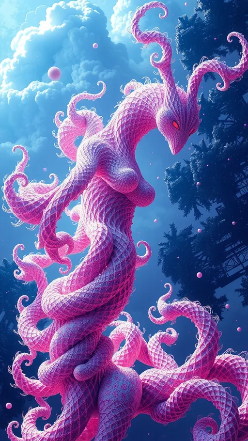 Prompt: A strange surreal beautiful flowing lithe interdimensional psychedelic entity/creature, made of fractal geometry, existing in many dimensions simultaneously, melting from one dimension to the next, phasing in and out of reality, inter dimensional fractal geometry come to life, psychedelic, trippy, weird, but beautiful, 