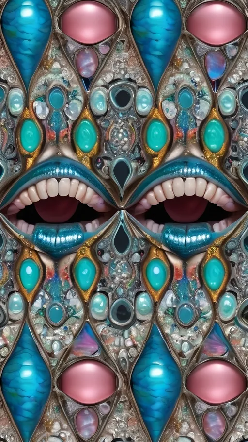 Prompt: an extremely hyper realistic ultra super textural weird trippy surreal psychedelic entity, Cardioid Curves, ,,, translucent, pearlescent finish, inlaid opal, glittering crystal accents, silver, pyrite, quartz,, chrome, bright vivid teals, blues, pinks/yellows/greens, lots and lots of light, lots of crazy colorful compound psychedelic human eyes, rows of human teeth, human lips, tongues, fungus,  atoms, diatoms,, Cardioid Curves, Tessellation, Penrose tiling, extreme high definition organic and mineral textures