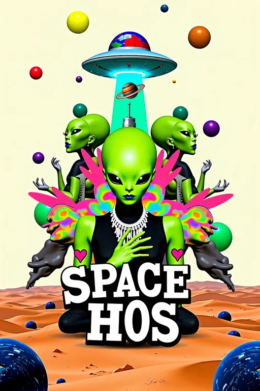 Prompt: **Space Hos - AI Art Prompt**

Create an artwork featuring the phrase "Space Hos" in a bold, sassy, girly futuristic tech font. The scene is populated by multiple striking green-skinned alien females, each exuding attitude and confidence. They are dressed in avant-garde high fashion with a futuristic edge, showcasing an array of intricate accessories that highlight their alien allure.

Each alien boasts a slightly conical-shaped bald head and large, almond-shaped black eyes, adding to their enigmatic charm. They pose with sass and poise, making a statement in the cosmic landscape.

Incorporate a vibrant UFO in the background, teeming with colorful lights that illuminate the scene. The setting is a bustling outer space landscape, complete with an alien planet, swirling asteroids, and cosmic phenomena. Alien glyphs are seamlessly integrated into the design, adding a mysterious layer.

The entire composition is busy and detailed, with every inch filled with tiny elements that captivate the viewer's attention. From the smallest star to the grandest asteroid, the scene is a masterpiece of cosmic chaos and extraterrestrial elegance.