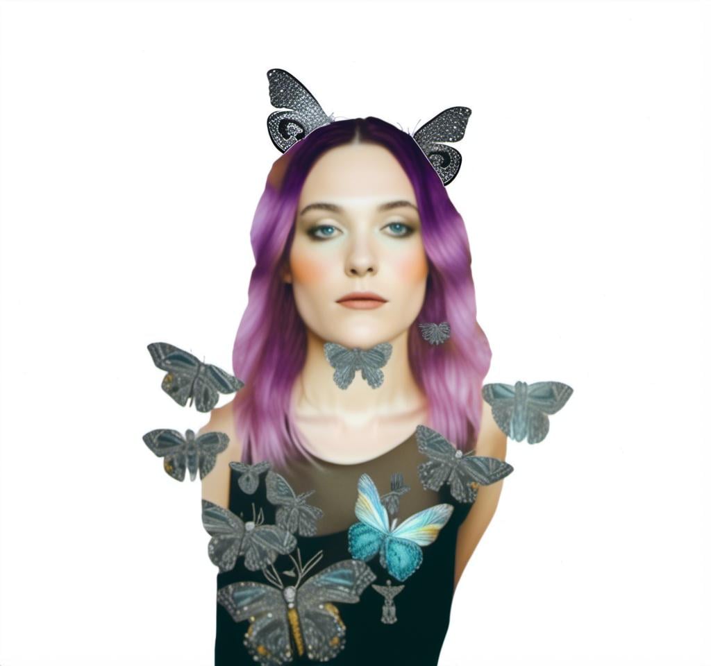 Prompt: a photograph of a woman (color or black and white) with multimedia elements added to create the appearance that she is a beautiful intricate moth, with moth wings and antennae created from paint, paper, photos, glitter, iridescent enamels, nail polish, rhinestones, thread and string, fabric, folded paper etc<mymodel>