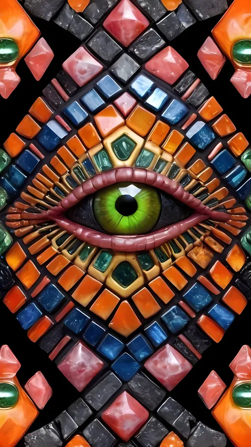 Prompt: Create an extremely hyper-realistic, ultra super textural, weird, trippy, surreal, psychedelic eyes/teeth/mouth pattern/design based on the “Merkaba” & “op art tiling” with lots of human eyes (crazy colorful compound psychedelic), rows of human teeth, human lips, and tongues. 

- **Colors**: determined by the natural properties and expressions of the elements (& their isotopes), raw rough minerals, and metals:
- Molybdenum (Mo)
- Rhodonite
-sulfur
- Wulfenite
-“Cobaltoan Calcite“
- Tsavorite
- peridot
- “Black Kyanite“
- Hematite

**Shapes and forms**
- main form: “ Merkaba(s)”
-other shapes determined by the natural properties and expressions of the elements (& their isotopes), raw rough minerals, metals, and biological organisms: 
- Molybdenum (Mo)
- Rhodonite
-sulfur
- Wulfenite
-“Cobaltoan Calcite“
- Tsavorite
- peridot
- “Black Kyanite“
- Hematite

- **Textures**: Derived from any/all elements (& their isotopes), minerals, metals, crystals, organic things mentioned in this prompt: 
- “Merkaba(s)”
- Molybdenum (Mo)
- Rhodonite
-sulfur
- Wulfenite
-“Cobaltoan Calcite“
- Tsavorite
- peridot
- “Black Kyanite“
- Hematite

**Composition and Layout**:
- a pattern/design based on “Merkaba(s)”
-bilateral symmetry

**Lighting**
- lots and lots of bright shining reflective light
- iridescence


**Detail and Atmosphere**:
- Extreme hyperrealistic sharp high detail high definition organic and mineral textures
- Psychedelic, weird, odd, surreal atmosphere
- Frozen in time

**Additional Elements**:
- extra rows of teeth, lips, many eyes, “Merkaba(s)”, Aventurescence, Chatoyancy
