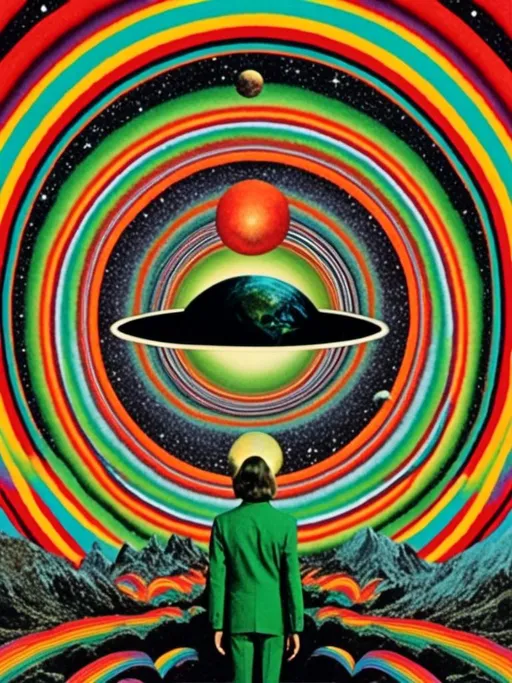 Prompt: <mymodel> Vintage 70s psychedelic surreal sci-fi Collage, analog, cut & paste, outer space, rainbows, spectrum, optical illusions/trippy patterns, surreal alien landscapes, UFOs, « little green men », psilocybin mushrooms, geometric shapes , planets, orbs, black night sky with stars, in the center, cats, 