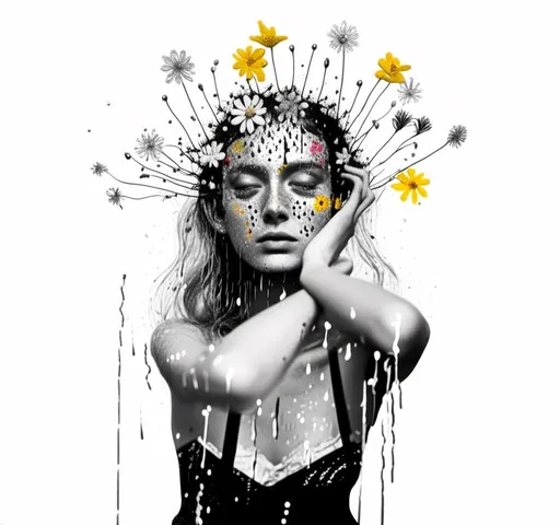 Prompt: <mymodel>Girl sprouting wildflowers in summer rain, mixed multimedia medium, black and white, halftone photo, detailed wildflowers, paint, enamel, glitter, sparkles, foils, magazine pages, cut/folded paper, rhinestones, thread, high quality, detailed, mixed media, black and white, halftone, summer rain, vibrant wildflowers, artistic, creative, intricate details, serene atmosphere, professional lighting, captivating composition