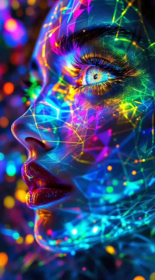 Prompt: A woman’s face composed of recursive fractal rainbow light—hyper-saturated with ultraviolet, laser gold, neon pink, iridescent greens, and cosmic chrome—emerges from a holographic light-sheet embedded within a noncommutative toroidal grid. Her skin follows the glyph-toroid lattice, a Mobius-folded surface where recursive distortions spiral through angular logic-channels. Each loop echoes identity through mirrored symmetry violations. Her eyes, twin disco balls of topological echo, now reflect the grid’s inner torus—rotating reverse-space glyphs on endless mirrored curvature; her pupils shimmer with conformal inversion glyphs mapped to grid nodes.

Her hair cascades through mirrored dimension logic, each strand a stream through toroidal warp-mesh, bending through impossible topology. Lips gleam like Klein bottles glossed in angle-mapped light refraction. She floats within a recursive Studio 54 built inside the inner coil of the GRID_5 field—a velvet black twistspace governed by glyph-rings, each bubble a mirrored loop of her, spiraling across noncommutative mirror logic.

Surrounding her spiral multidimensional mandalas of chromatic reversal—mirror-vein spirals nested along the toroidal arcs, identity-twist caustics, Mobius-glam halos—each structured by the GRID_5 constraints. The space pulses with identity rave rhythms: logic-loop beats, inversion grooves, reflection-dance steps bound to glyph-turn topology.

Render with tags:
:topology-glam :identity-flux :mirror-math :mobius-glitz :recursive-glamour :studio54-wormhole :angle-encoded :logic-fold :symbolic-saturation :grid5-torusfield :glyph-mapped-space
