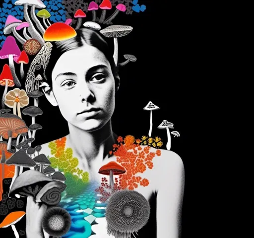 Prompt: A mixed media collage of a black and white photograph of a young woman growing all kinds of colorful multimedia psychedelic mushrooms and fungus out of her body (incorporate things like- but are not limited to - vibrant paints, enamels, glitters, metallic foils, newspaper and magazine cut paper, paint spatter, etc)<mymodel>