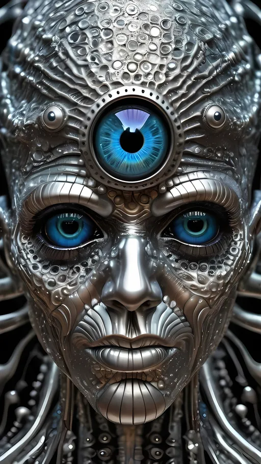 Prompt: An extremely hyperrealistic weird surreal trippy psychedelic silver-based lifeform,  eyes! lots of crazy multicolored compound psychedelic human eyes, rows and rows of human teeth, lips, and tongues,tellurium colors, silvery-white with metallic sheen, hints of blue-gray, intricate patterns, hexagonal crystal structures, brittle and easily pulverized, conductive, semi-metallic properties, surreal, organic shapes, flowing forms, liquid tellurium (at high temperatures), solid tellurium, corroded textures, oxidized surfaces, electrical conductivity, moderate thermal conductivity, chemical reactivity, environmental interaction, metallic luster, high reflectivity, surrealistic, biomorphic, complex symmetry, iridescent, vibrant hues, reflective surfaces, intricate details, organic textures, psychedelic elements, dynamic, mesmerizing, otherworldly, intricate, detailed, vibrant, surreal, biomorphic, organic, metallic.
 extreme organic and metallic textures
