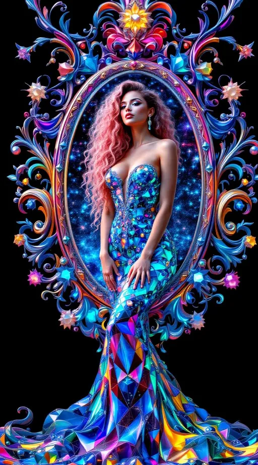 Prompt: Waist-up hyperrealistic portrait of Merry — slim Caucasian woman, long extremely curly neon-pink hair like glowing aurora, deep sapphire eyes, luminous gold-kissed skin — in a gown of living rainbow fractals (sierpenski triangles, optical illusion tessellations, topology, glitch). She stands inside an elaborate undulating fractal holochrome silver Rococo frame dominating the composition, extending far beyond image edges. Frame is mirror-polished and matte chrome with oil-slick iridescence, carved from precise fractal ornamentation: Mandelbrot curls, Julia spirals, Penrose rosettes, crystalline E8 lattices, repeating infinitely into micro-detail. Every curve encrusted with jewels — opals swirling with galaxies, quartz icosahedrons, labradorite Möbius strips, larimar hyperbolic tessellations, pearl dodecahedrons — set in sierpenski triangles and tessellated gemstone mosaics. Inlaid opals emit neon light, casting rainbow glints across the frame. Between triangles, suspended crystal cubes scatter prisms. Inside frame: pastel–neon volumetric clouds streaked with vivid saturated colorful beams, drifting time crystal fractals, floating glyphs. Merry is distinct yet integrated, hair and gown spilling slightly over the frame’s edge, tying her to the opulent fractal-jewel labyrinth surrounding her. The frame is overwhelming, luminous, infinitely detailed, the centerpiece and the portal — Rococo grandeur fused with cosmic mathematics.
