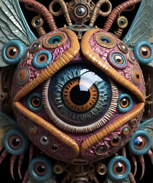 Prompt: A surreal extremely hyper realistic super textural psychedelic geometric eyeball creature with leather or insect wings, lots of crazy trippy psychedelic human eyes, human teeth, organic and mechanical, multidimensional, weird surreal unsettling odd