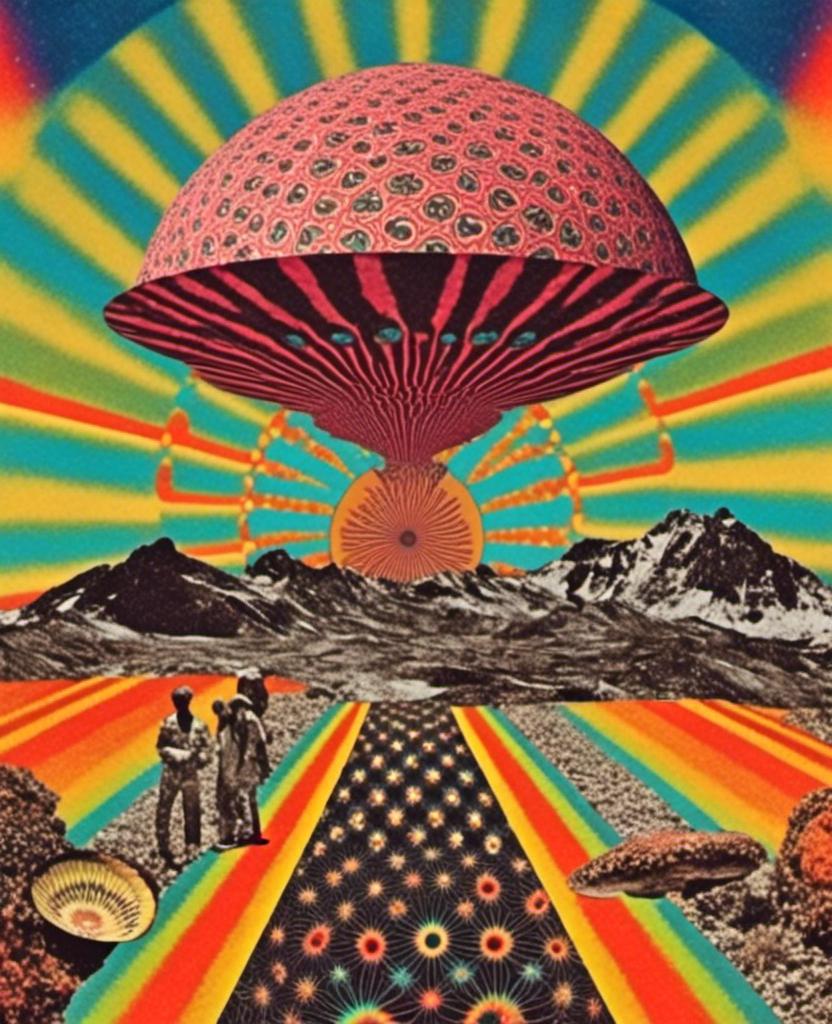 Prompt: L<mymodel> a vintage 70s psychedelic collage featuring photographs and art spliced together to produce an image that has the surreal feel of vintage 70s science fiction art but is a psychedelic college of the following elements, importance ranging from highest to lowest- trippy psychedelic patterns and optical illusion effects, mushrooms/fungus of all kinds in all colors of the rainbow, alien/desert/mountain landscapes, planets/moons/orbs, rainbow spectrums, colorful auras, cats, candy, insects, animals