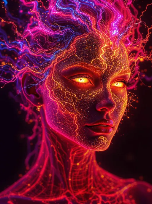 Prompt: Depict a surreal and powerful portrait of a woman whose face is overtaken by an autocatalytic flamefront—a self-propagating wave of reaction that curls, splits, and branches across her skin like fractal fire. The facial surface should appear as if it’s being actively rewritten by a slow-burning, intelligent energy: glowing fissures and cascading curls of light that devour uniformity and leave trails of recursive geometry in their wake.

The skin itself appears semi-transparent and digital, overlaid with fiery growth—tendrils of magenta, gold, and iridescent scarlet sear through her cheeks and temples, lighting up the contours like a map of biochemical memory. The flamefront traces out paths like evolving neural branches, or vines of code, consuming old structure and creating new organic filigree in real time.

Her eyes reflect the core of this ignition—a place of smoldering intelligence, as if the flame has reached the cortex of perception. The surrounding hair is animated, flowing like solar flares or liquid plasma, shifting in branching tendrils of reactive color—pink fire, deep amaranth, and neon blue—spreading outward in recursive waves. The entire aesthetic radiates energy in motion: something irreversible, transformative, beautifully destructive.

This is not mere fire—this is self-fueled creation through destruction, a portrait of a woman becoming something new as her very structure is catalyzed from within.
