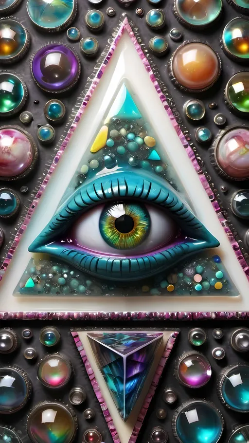 Prompt: an extremely hyper realistic ultra super textural weird trippy surreal psychedelic entity, Sierpinski Triangle, ,,, translucent, white, blown glass, pearlescent finish, inlaid opal, glittering crystal accents, silver, pyrite, quartz,, chrome, bright vivid teals, blues, pinks/yellows/greens,purples,  lots and lots of light, lots of crazy colorful compound psychedelic human eyes, rows of human teeth, human lips, tongues, fungus,  atoms, diatoms, diatomic, algae, bryozoans, Sierpinski Triangle, extreme high definition organic and mineral textures