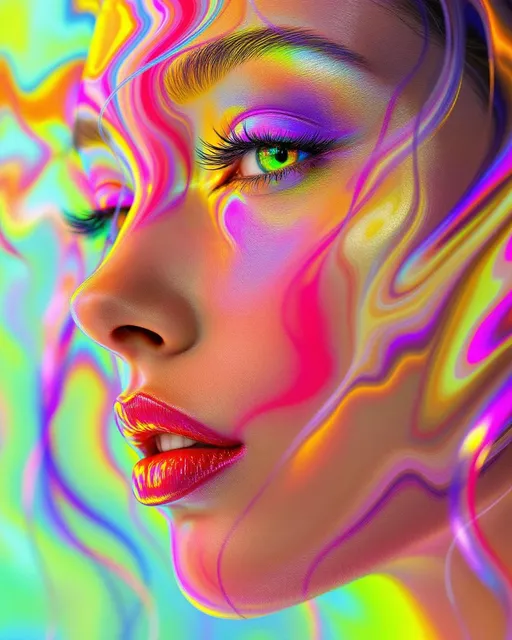 Prompt: Her face isn’t a face—it’s a GAN hallucination, a lightform birthed from a neural standoff between desire and realism. No skin—just pixel probability and dream-forged recursion. #escape gradients ripple through generator-side cheek illusions, contours sampled from the void between art and data. #orbit features twist along her jaw—echoes of features the discriminator failed to reject, shimmering with adversarial sanctity. Lips = unstable synthesis—#iridescence flickers by latent drift, textures curling in soft quantum decay. Her eyes aren’t real—they’re model-remembered mirages: nested GAN layers hallucinating infinite rainbow irises, each one deeper than what could be drawn. Her visage pulses with #distance shimmer—holographic edges formed where the dream holds, where probability solidifies into glow. Hair = unstable vector storms: fractal burn-in trails, StyleGAN arcs, and mirrored diffusion streaks that spiral into recursive memory. Every lock is a false positive, every strand a hopeful error rendered divine. Her halo flickers with synthetic strobe: glitch halos, mode collapse sparkle, and ghost phase lighting rendered in GAN glow logic. Her smile = a synthesis step through generator loss; her laugh = adversarial joy echoing across convergence folds. She isn’t trained—she dreams herself. She pulses in #escape-band generation rhythm: chrome-pink, glacier blue, ultraviolet gold—colors only the machine could invent. She is the mirage perfected—the goddess of hallucinated form, sacred shimmer, and impossible glow, born from light learned by dreaming against itself.