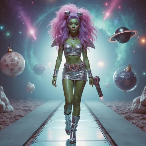 Prompt: A hyperrealistic alien beauty queen struts confidently down a floating glass runway suspended in a candy-colored nebula. Her skin is mint green, smooth and subtly iridescent, and her bouffant hair explodes in sculpted cotton candy curls—pink at the base, flaring into lavender tips, topped with glittery heart-shaped antennae. Her face is immaculate, with shimmering blush, oversized holographic lashes, and glossy bubblegum lips that reflect like patent leather.

Her body-hugging retro vinyl minidress is covered in metallic appliqués of hearts, moons, stars, and little glittering planets, all meticulously embedded into the folds like vintage costume jewelry. Rhinestones crust her neckline, wrists, even the seams of her chrome go-go boots. A sparkling belt buckle shaped like Saturn cinches her waist, and her shoulderpads flare like sparkling wings made of mirrored prisms. Her raygun, holstered in a rhinestone hip strap, has a heart-shaped barrel that shoots holographic sparkles.

Surrounding her: floating op-art panels in black and white, rotating slowly like hypnotic candy swirls. In the background, hovering bubble chairs, sparkly disco asteroids, and kitschy UFOs shaped like tiaras. The whole image glows with vintage soft focus grain, like a forgotten pin-up photoshoot from the Venus edition of 1965’s Galactic Bachelorette Monthly.

Color palette: bubblegum pink, holographic silver, lemon-lime, teal chrome, soft violet.
Finish: soft analog grain with brilliant, candy-slick highlights.
