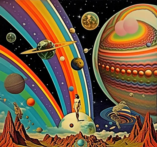 Prompt: A vintage 70s psychedelic collage with the theme “astral vacation”- incorporate themes of astral projection, the astral plane, the silver cord, use an astral brilliantly but sometimes muted opalescent color palette, & combine it all with planets, orbs, optical illusions and psychedelic trippy patterns, color spectrums as a surreal vintage psychedelic collage<mymodel>