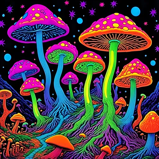 Prompt: <mymodel>Psychedelic psilocybin's cubensis mushrooms, 70s black light poster, vibrant colors, hallucinatory fractals, trippy atmosphere, intense psychedelic experience, glowing mushrooms, surreal, vibrant, high quality, detailed illustration, black light style, psychedelic, hallucinations, colorful, fractals, vibrant colors, intense lighting