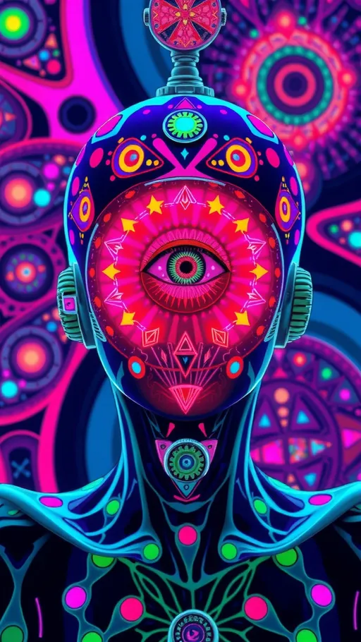 Prompt: <mymodel>Psychonauticore image with hallucinatory visuals, vibrant colors, psychedelic atmosphere, surreal third eye, trippy patterns, mind-bending, detailed psychedelic art, highres, vibrant colors, surreal, detailed trippy visuals, hallucinogenic, mind-bending, third eye, psychedelic atmosphere, colorful, professional, atmospheric lighting