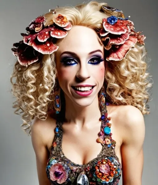 Prompt: extremely hyperrealistic extremely high textural figurine of a Woman with long blond curly hair and mushrooms made of extremely high definition high detail textural encrusted precious gemstones, fungal clothes encrusted with sparkling crystals, high-quality, magical realism, vibrant colors, detailed facial features, natural lighting