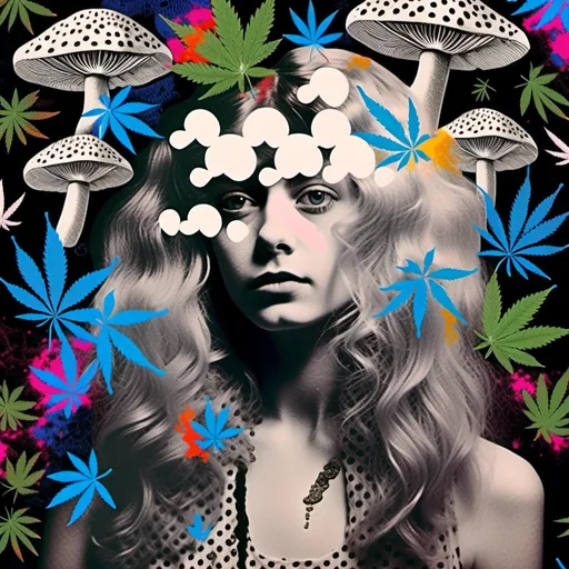 Prompt: <mymodel>Mixed media collage of a girl with long blond curly hair and blue eyes, black and white photograph, pops of vibrant color with cannabis leaves, mushrooms, smoke and fractals in the background, hand-colored, high contrast, psychedelic, detailed facial features, vintage style, atmospheric lighting