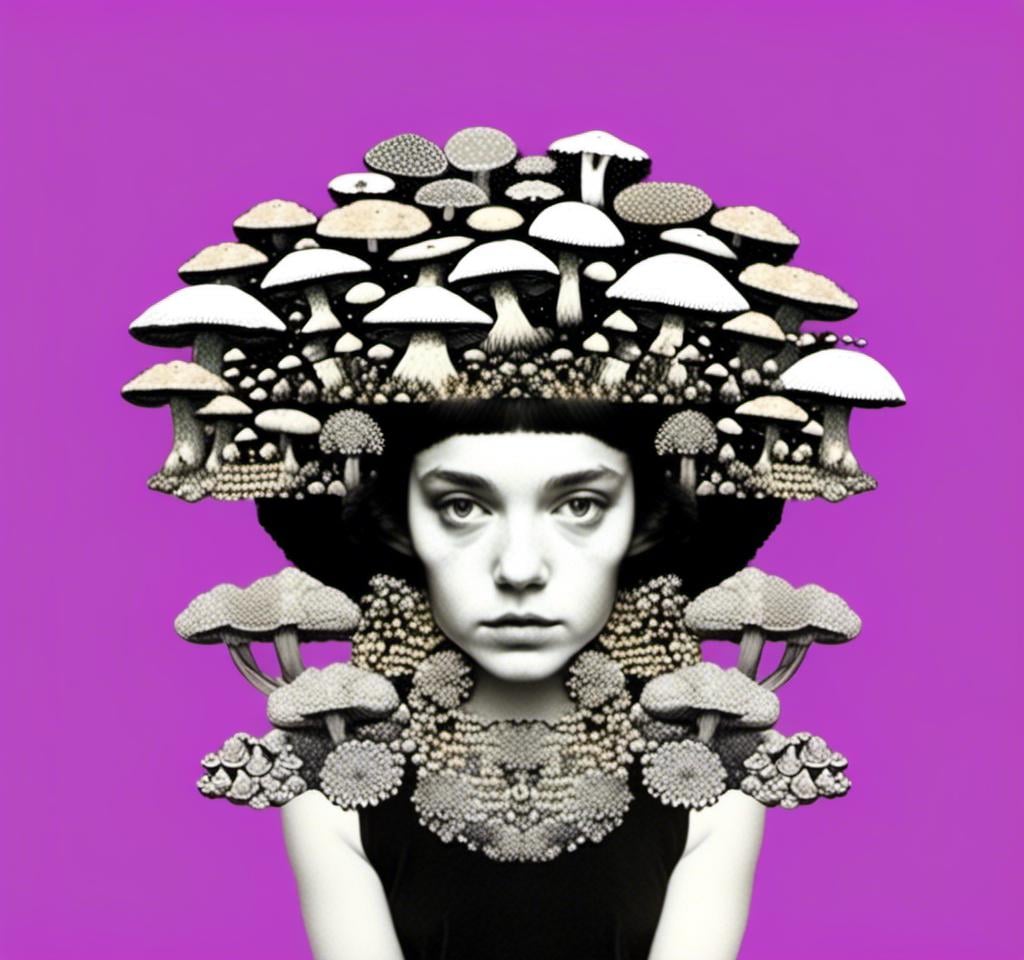 Prompt: a mixed media collage of a girl wearing or growing mushrooms/fungus as clothing body parts and accessories. She is a black and white or halftone photograph, the mushrooms and fungal growths are to be mixed media, including but not limited to paint, enamel, foils, glitter, sparkle, sequins, found objects, natural items, rhinestones etc <mymodel>