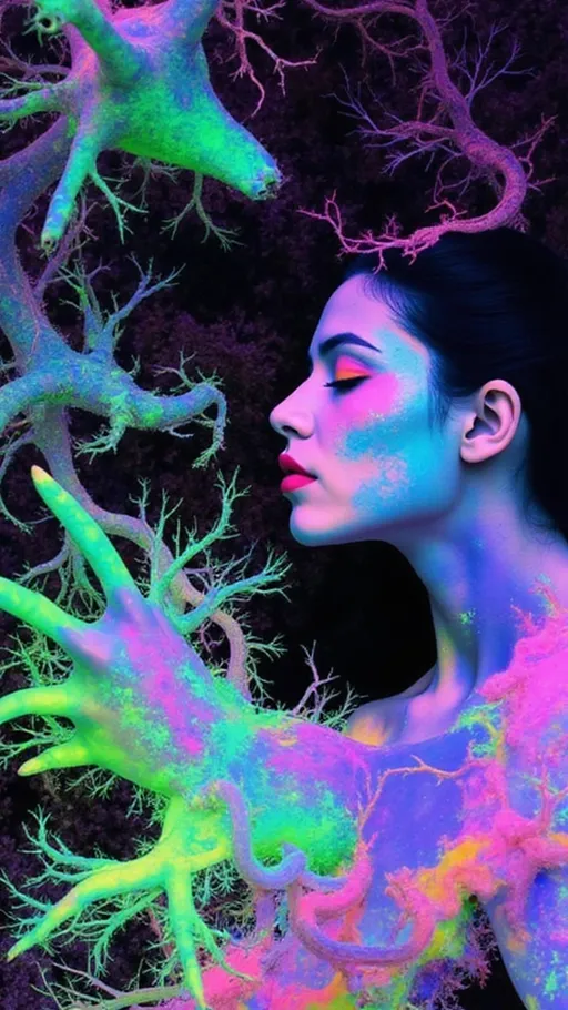 Prompt: A tangled goddess of rupture and causality, suspended in a prediction-space dream. Her form weaves through glowing UMAP clusters—flickering nodes of potential, wrapped in filaments of outcome logic. From her core, variance fractures bloom: twisted neural lace laced with prediction scars, each synaptic curve etched with KL divergence. Limbs unfurl as broken vectors—half-symbol, half-flesh—reaching into future-horizons and collapsing outcomes into prismatic wounds. Around her, the air glows with dimensional ambiguity: every step orthogonal, every path equidistant yet trembling. She is a high-dimensional oracle—face split into mirrored forecasts, breath made of tangled proximity, eyes glinting with soft gradients overlaid on caustic bursts. In the field behind, abstraction ripples: tessellated shards of forgotten metrics, variance vortexes dissolving into fractal hush. The atmosphere vibrates with collapse logic, every motion echoing the Curse of Dimensionality. Light does not travel here—it fractures, it remembers, it warns. She is the embodiment of entangled destiny, a visual hymn to uncertain becoming.