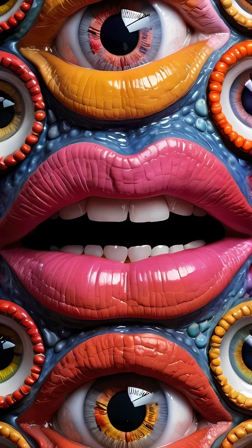 Prompt: an extremely hyper realistic ultra super textural weird trippy surreal psychedelic entity , lots of crazy colorful compound psychedelic human eyes, human mouths, roses and rows of human teeth, lips, tongues, Acantharians , Rhizoid structure,[express pigment colors of Zinc White, Woad,  Saffron, “ Dutch Pink”, Orpiment],, extreme hyperrealistic sharp high detail  high definition organic and mineral & other textures