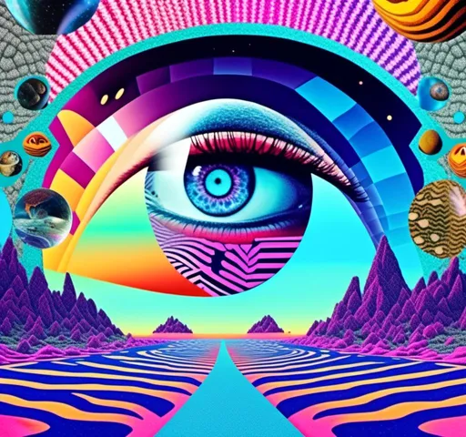 Prompt: a psychedelic collage with a feel of a vintage surreal art house 70s scifi animation combined with a psychedelic collage created out of spliced photographs, art, magazine pages, etc other photos of things like alien landscapes,, eyes, geometric shaped cutouts of trippy patterns, optical illusions, mushrooms, crystals, planets and stars, buildings, roads, cars, animals, aliens, UFOs,, insects, lots of eyes<mymodel>