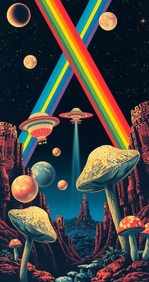 Prompt: <mymodel> Vintage 70s psychedelic surreal sci-fi Collage, analog, cut & paste, outer space, rainbows, spectrum, optical illusions/trippy patterns, surreal alien landscapes, UFOs, « little green men », psilocybin mushrooms, geometric shapes , planets, orbs, black night sky with stars, in the center