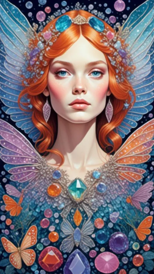 Prompt: <mymodel>Beautiful fairy made of gemstones and crystals, mushroom and crystal theme, inlaid gemstone and crystal details, high quality, fantasy, magical, vibrant colors, ethereal lighting, detailed wings and hair, jewel-toned, sparkling, enchanting atmosphere, whimsical, fantasy illustration, intricate details