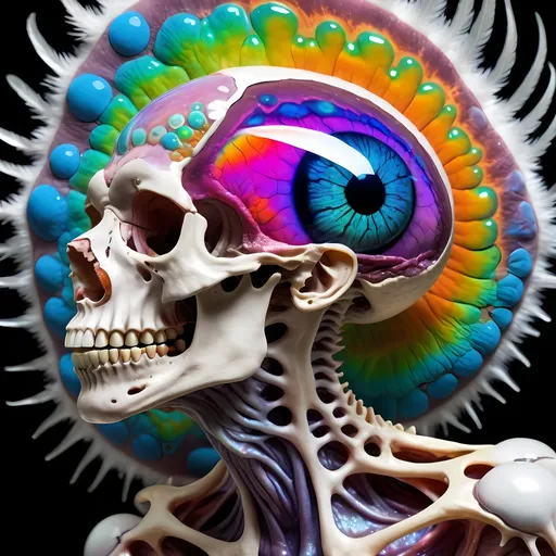 Prompt: Extremely hyperrealistic, ultra hypertextural psychedelic weird surreal hallucination entity creature, head, torso, geometric interdimensional tesseract, translucent white, bright pastel colors, swirling rainbow oil slick sheen effect, lots of light,  fungus, mushroom, lots of trippy crazy psychedelic human eyes, human teeth, brains, skin, metal, silver, chrome, leather, feathers, scales, fur,  Chromatophore, pigment cell, melanophore, iridophore, leucophore, xanthophore, erythrophore, cyanophore, pigment granules, melanin, carotenoids, pteridines, guanine crystals, reflective platelets, dermal chromatophore unit, pigment dispersion, pigment aggregation, color change, adaptive coloration, cryptic coloration, aposematic coloration, structural coloration, biochromes, photophores, neuromuscular control, hormonal control, neural activation, physiological color change, morphological color change, chromatophore expansion, chromatophore contraction, cellular signaling, light reflection, light absorption, light scattering, iridescence, bioluminescence, pigment synthesis, pigment degradation, chromatophore patterning, environmental adaptation, camouflage, signaling, communication, behavioral adaptation., extreme organic textures, metallic textures