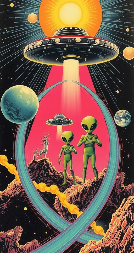 Prompt: an analog retro 70s psychedelic collage, ALIENS, UFO, "LITTLE GREEN MEN", extraterrestrials, alien landscapes, outer space, optical illustions/psychedelic patterns, orbs, planets, galaxies, "flying saucer", crystal technology, circuitboards, positronic networks