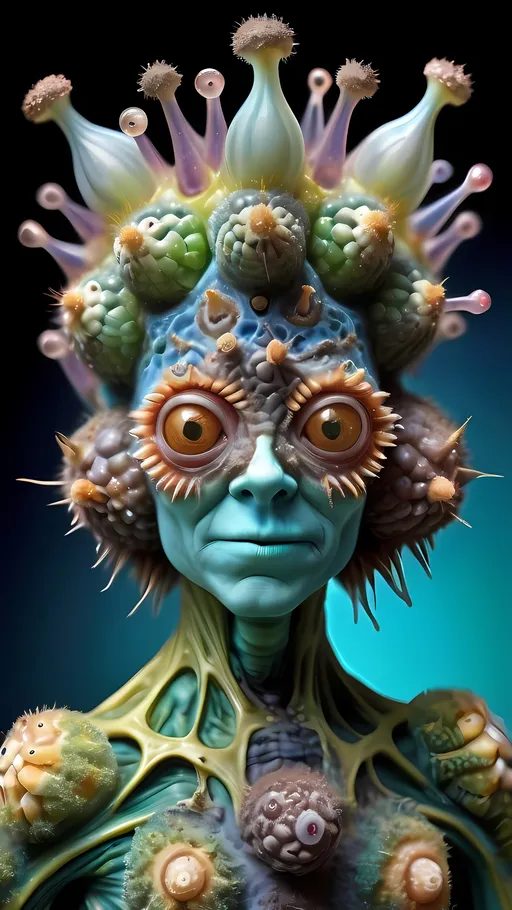 Prompt: Extremely hyperrealistic ultra textural trippy surreal beautiful but odd unsettling psychedelic creature- a psychedelic GALL creature entity,  queen, crown, jewelry, accouterments, with lots of crazy psychedelic human compound eyes, rows upon rows of human teeth.  head, face, body, limbs, fungus, diatoms, Mandelbrot, oil slick rainbow sheen effect, holographic, hologram, translucent, vivid colors white, tons and tons of light, bright pastel colors, Gyroid Structures. GALLS: Got it! Here's a refined list focusing on the appearance and shapes of plant/wasp galls: Galls, spherical, ovoid, conical, tubular, spiny, horned, blister-like, pouch-like, rosette, bud galls, leaf galls, stem galls, root galls, petiole galls, flower galls, hypertrophy, hyperplasia, cecidia, gall morphology, gall tissue, larval chambers, nutritive tissue, gall anatomy, defensive structures, blister-shaped, globular, irregular, bulbous, ridged, segmented, smooth, wart-like, clustered, elongated, flattened, lobed, scaly, hairy, warty, woody, corky, fleshy, succulent, colorful, mottled, patterned.