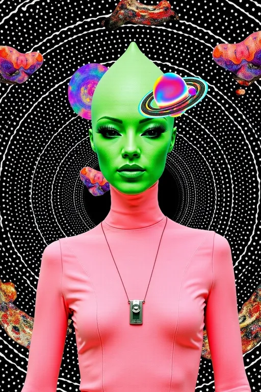 Prompt: 
"A surreal retro-psychedelic collage featuring black and white optical illusion patterns and a beautiful green & pink alien humanoid with a sleek, elongated conical shaped head that tapers elegantly at the top, her skin green .oversized pouty lips, which are plush, holofractal glossy, and irresistibly kissable. Her large, almond-shaped eyes dominate her face. Delicate, glowing markings in the shape of constellations trace her temples, hinting at her celestial origins. She wears a holographic pink latex space suit that clings to her form and radiates iridescent hues, reflecting the swirling starlight around her.  

The background is a glitchy, chromatic aberration-y glitched out black hole on a chaotic, surreal expanse of black and white optical illusion pattern, space, blending vibrant, swirling galaxies in magenta, turquoise, and orange with retro 1960s-style patterns, like checkerboards, spirals, and melting shapes. Planets with glittering rings float alongside distorted, vintage sci-fi spaceships, while glowing nebulae twist into optical illusions. The entire scene feels like a trippy, cosmic fever dream, with textures and colors bleeding together. The composition has an agog finish, with every detail exaggerated and vibrating with energy, as though the universe itself is alive and pulsing in sync with her presence. This alien goddess is both glamorous and surreal, a living embodiment of cosmic psychedelia."  

retro analog style finish with popping colors