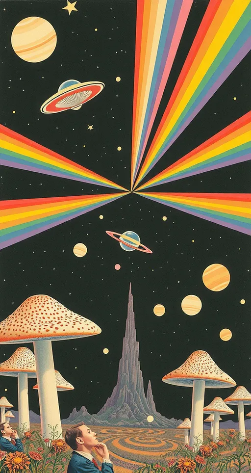 Prompt: <mymodel> Vintage 70s psychedelic surreal sci-fi Collage, analog, cut & paste, outer space, rainbows, spectrum, optical illusions/trippy patterns, surreal alien landscapes, UFOs, « little green men », psilocybin mushrooms, geometric shapes , planets, orbs, black night sky with stars, in the center