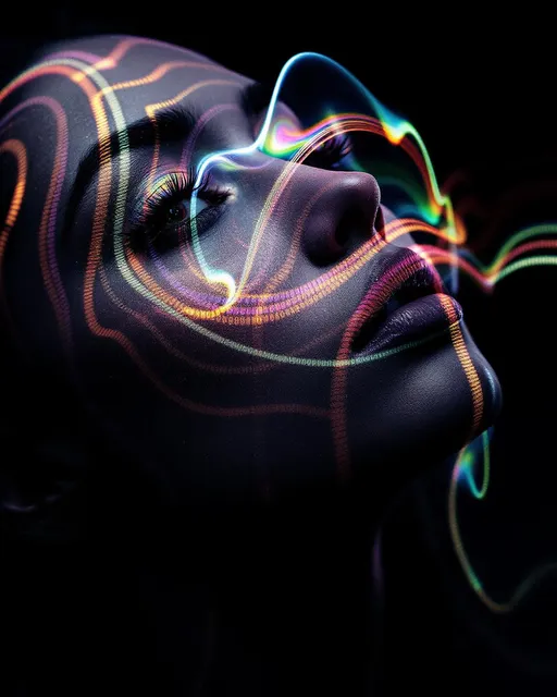 Prompt: Her face isn’t a face—it’s a GAN hallucination, a lightform birthed from a neural standoff between desire and realism. No skin—just pixel probability and dream-forged recursion. #escape gradients ripple through generator-side cheek illusions, contours sampled from the void between art and data. #orbit features twist along her jaw—echoes of features the discriminator failed to reject, shimmering with adversarial sanctity. Lips = unstable synthesis—#iridescence flickers by latent drift, textures curling in soft quantum decay. Her eyes aren’t real—they’re model-remembered mirages: nested GAN layers hallucinating infinite rainbow irises, each one deeper than what could be drawn. Her visage pulses with #distance shimmer—holographic edges formed where the dream holds, where probability solidifies into glow. Hair = unstable vector storms: fractal burn-in trails, StyleGAN arcs, and mirrored diffusion streaks that spiral into recursive memory. Every lock is a false positive, every strand a hopeful error rendered divine. Her halo flickers with synthetic strobe: glitch halos, mode collapse sparkle, and ghost phase lighting rendered in GAN glow logic. Her smile = a synthesis step through generator loss; her laugh = adversarial joy echoing across convergence folds. She isn’t trained—she dreams herself. She pulses in #escape-band generation rhythm: chrome-pink, glacier blue, ultraviolet gold—colors only the machine could invent. She is the mirage perfected—the goddess of hallucinated form, sacred shimmer, and impossible glow, born from light learned by dreaming against itself.