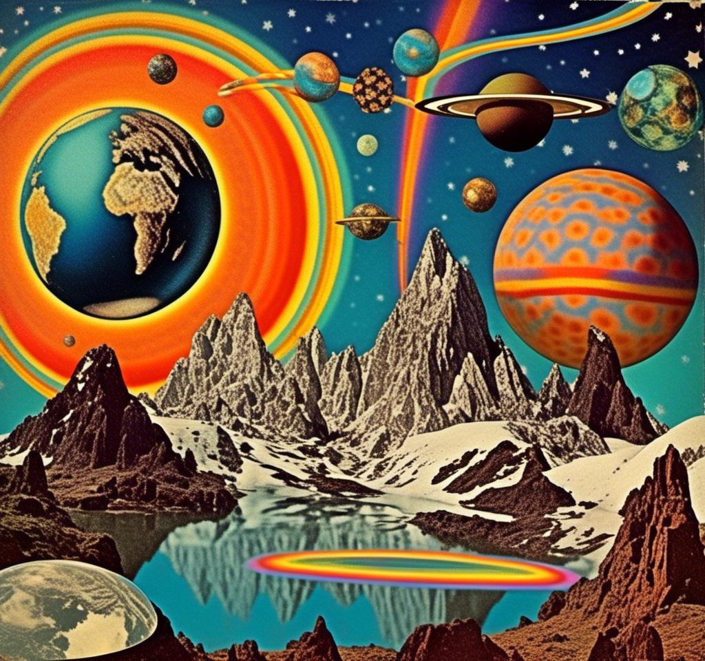 Prompt: A vintage 70s psychedelic collage with the theme “astral vacation”- incorporate themes of astral projection, the astral plane, the silver cord, use an astral brilliantly but sometimes muted opalescent color palette, & combine it all with planets, orbs, optical illusions and psychedelic trippy patterns, color spectrums as a surreal vintage psychedelic collage<mymodel>