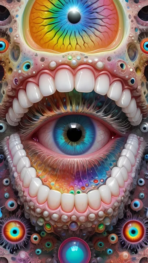 Prompt: an extremely hyper realistic ultra super textural weird trippy surreal psychedelic entity, vicsek fractals, white, translucent, clear, bright bright pastel colors, oil slick rainbow sheen effect, lots and lots of light, lots of crazy colorful compound psychedelic human eyes, rows of human teeth, fungus, atoms, diatoms, vicsek fractal