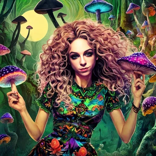 Prompt: A psychedelic trippy bright colorful vivid black light poster illustration of a girl with longish blond curly hair, with psychedelic magic mushrooms, trippy hallucinations, optical illusions and patterns, crystals, moss, forest, moon, geometry fractals