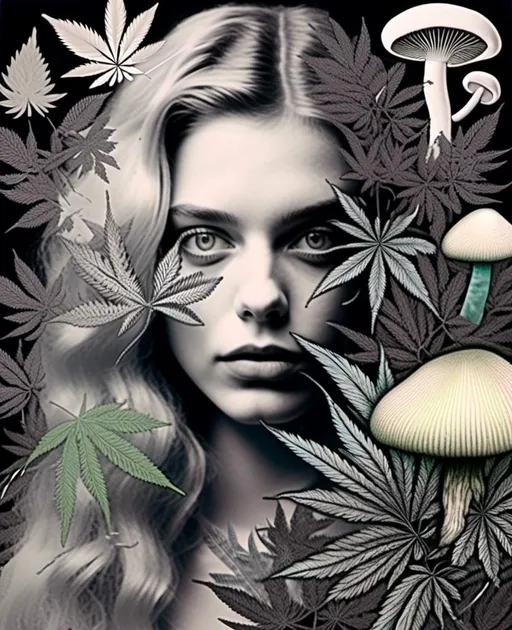 Prompt: <mymodel>Mixed media collage of a girl with long blond curly hair and blue eyes, black and white photograph, pops of vibrant color with cannabis leaves, mushrooms, smoke and fractals in the background, hand-colored, high contrast, psychedelic, detailed facial features, vintage style, atmospheric lighting