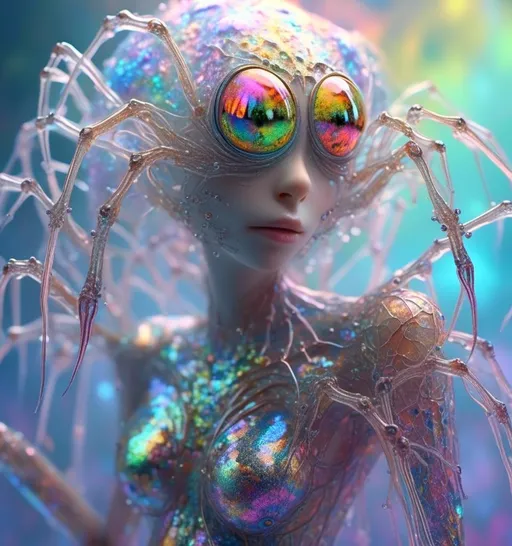 Prompt: <mymodel>extremely hyperrealistic extremely high textural beautiful female sentient spider entity, arachnid woman,8 eyes, humanoid, human woman with spider features, lots of light, extreme organic textures, white, translucent, bright pastel colors, oil slick rainbow sheen effect, silver, chrome, crystals, 
Arachnid, cephalothorax, abdomen, pedipalps, chelicerae, fangs, spinnerets, silk glands, book lungs, tracheae, 
