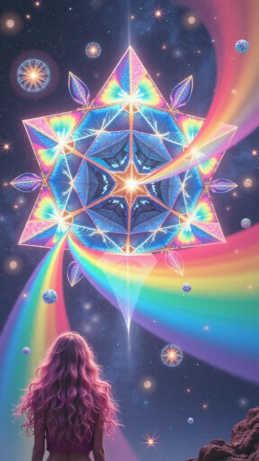 Prompt: A hyperdimensional light-being centered around a radiant rhombic dodecahedron, its crystalline facets alive with refracted rainbow light, floating in an astral void. Each face of the polyhedron channels iridescent filaments into expanding Penrose tilings, recursive golden spirals, and kaleidoscopic fractal rings. The geometry breathes with cosmic intelligence, a divine mechanism of sacred ratios and multidimensional flow. Within and around this structure, a faint feminine echo—slim, long wild pink curls—dissolves into light, barely perceptible, like a myth embedded in sacred code. The being’s presence is more vibration than form, integrated seamlessly into a mesh of rainbow circuits and holographic sacred motifs. Rendered in the surreal, textured style of La Planète Sauvage, with matte cel-shading, inked outlines, and organic dream-logic. The background features floating glyph-machines, metaphysical bioforms, and celestial glyphs orbiting in symbolic silence. Oil-slick iridescence ripples across all surfaces, accentuated with analog film grain. A visionary fusion of sacred geometry and surreal astral symbolism, where humanity exists only as a residual harmonic inside divine architecture.
— style: Cosmic Surrealism + La Planète Sauvage
— sacred geometry: Primary motif
— human reflection: Minimal archetypal trace
— oil-slick iridescence: Active
— analog grain: On
— chaotic surreal forms: Mild background presence