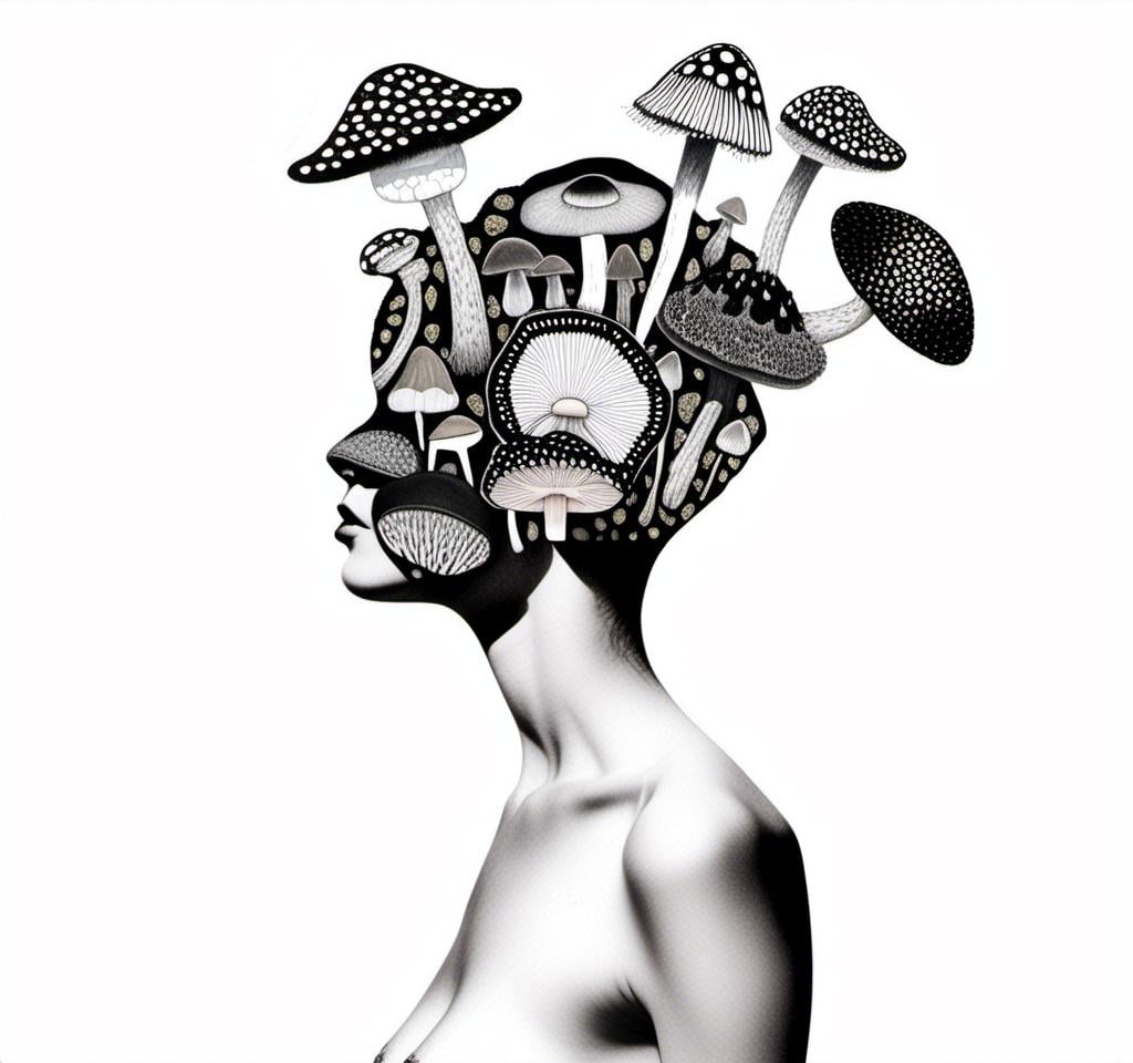 Prompt: a mixed media collage of a girl wearing or growing mushrooms/fungus as clothing body parts and accessories. She is a black and white or halftone photograph, the mushrooms and fungal growths are to be mixed media, including but not limited to paint, enamel, foils, glitter, sparkle, sequins, found objects, natural items, rhinestones etc <mymodel>