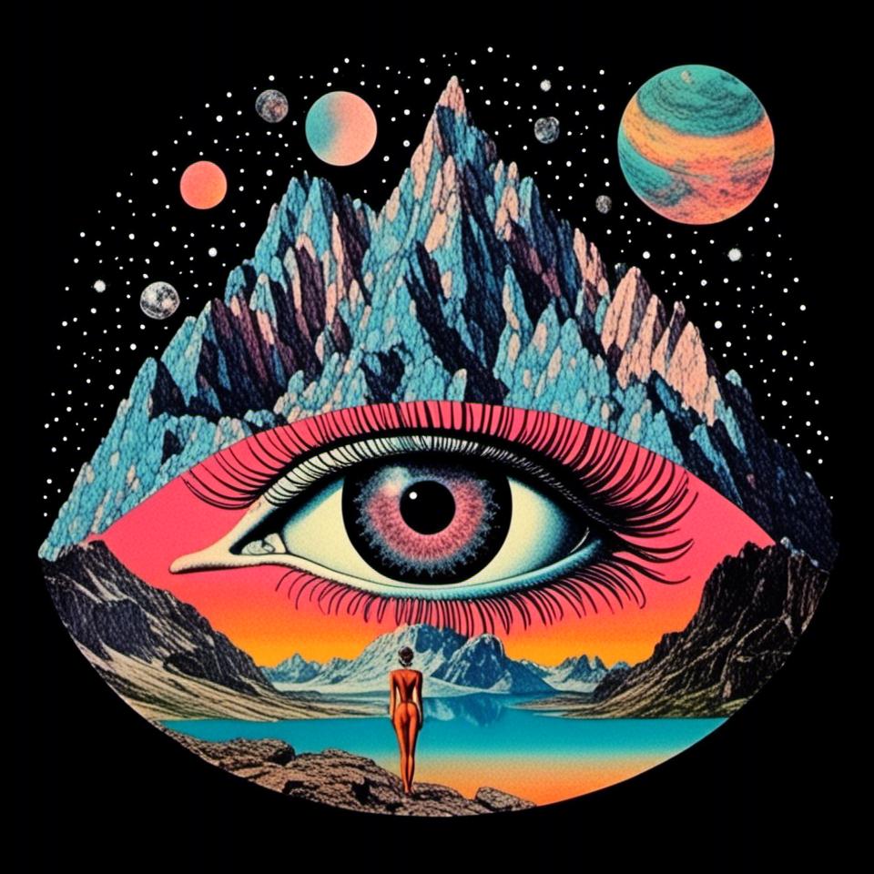 Prompt: a surreal trippy psychedelic collage evoking the feel of vintage sci-fi art. It will be set amongst trippy psychedelic patterns/optical illusions, alien/surreal/mountain landscapes, geometric shapes<mymodel>