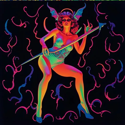 Prompt: <mymodel>Vintage 70s black light poster art of a succubus demoness, latex suit, dancing in pink and orange hued flames of hell, rockabilly pop punk style, vibrant colors, psychedelic, detailed figure, retro vibes, atmospheric lighting, highres, 70s vintage, demoness, latex, flames, rockabilly, pop punk, vibrant colors, psychedelic, retro, detailed, atmospheric lighting