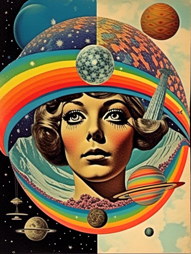 Prompt: A vintage 70s psychedelic collage with the theme “astral vacation”- incorporate themes of astral projection, the astral plane, the silver cord, use an astral brilliantly but sometimes muted opalescent color palette, & combine it all with planets, orbs, optical illusions and psychedelic trippy patterns, color spectrums as a surreal vintage psychedelic collage<mymodel>