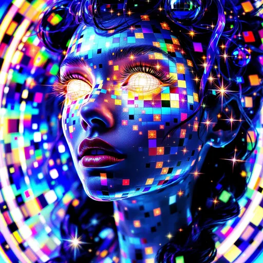 Prompt: A woman’s face composed of recursive fractal rainbow light—hyper-saturated with ultraviolet, laser gold, neon pink, iridescent greens, and cosmic chrome—emerges from a holographic light-sheet. Her skin is a glitched disco lattice of sparkling Planck-area symbols, each square pulsing like a cosmic logic gate. Her eyes are twin disco balls, spinning wormholes refracting infinity with every glint, pupils radiating shimmering AdS-CFT glyph-code. Her hair flows as liquid starlight braided with mirror shard filaments; lips shimmer like event horizons glossed in diamond dust. She floats inside a recursive Studio 54—a velvet black AdS void lined with infinite mirrored projections of herself, every boundary a shimmering CFT surface coded in glyphs and glitter. Around her spiral multidimensional mandalas of glimmering quantum lights—shimmer stacks, sparkle tesseracts, and recursive disco ball halos—reflecting entangled identities across bulk-boundary recursion. The space pulses like a cosmic dance floor: entanglement beats, renormalization grooves, and rainbow holograms synced to entropy rhythms. Render as \:disco-max \:bling-overload \:holographic-dancer \:recursive-glamour \:symbolic-saturation \:studio54-wormhole \:sparkle-heavy \:light-excess \:planck-glow \:glyph-glitz.
