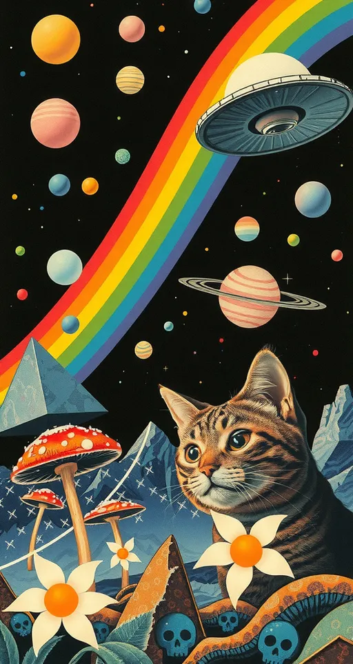 Prompt: <mymodel> Vintage 70s psychedelic surreal sci-fi Collage, analog, cut & paste, outer space, rainbows, spectrum, optical illusions/trippy patterns, surreal alien landscapes, UFOs, « little green men », psilocybin mushrooms, geometric shapes , planets, orbs, black night sky with stars, in the center, cats, 