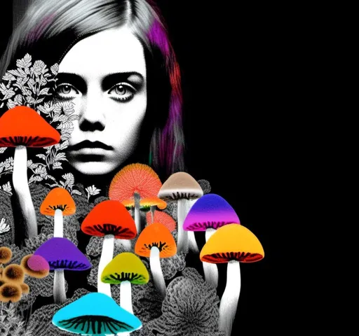 Prompt: A mixed media collage of a black and white photograph of a young woman growing all kinds of colorful multimedia psychedelic mushrooms and fungus out of her body (incorporate things like- but are not limited to - vibrant paints, enamels, glitters, metallic foils, newspaper and magazine cut paper, paint spatter, etc)<mymodel>